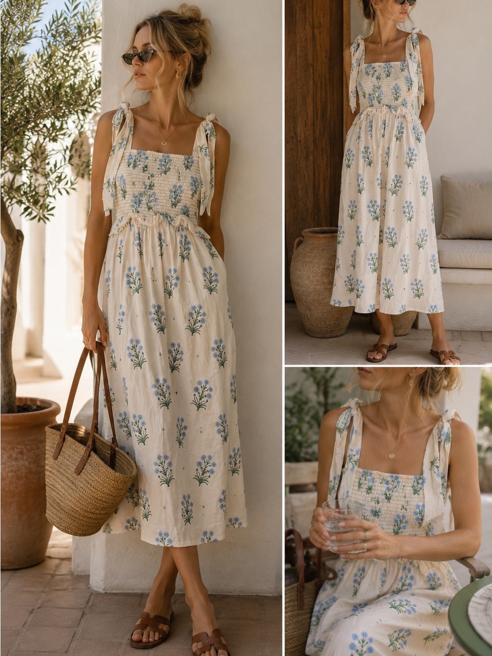 Tuckernuck Embroidered Floral Smocked Tie-Shoulder Maxi Dress XS